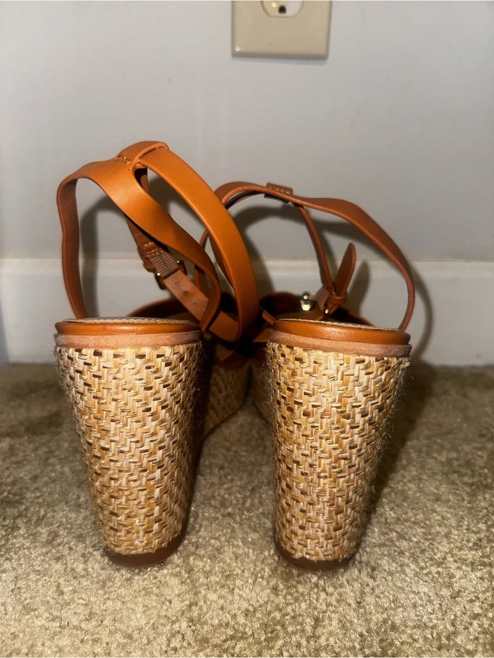 ALDO Cognac Leather Wedge Sandals with Raffia-Style Platform